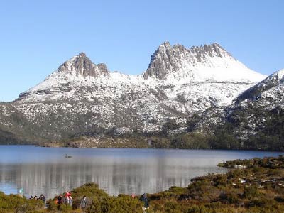 Cradle Mountain with Snow reflecting in Dove Lake